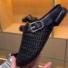 Fashion Summer Breathable Woven Mesh Flat Sandals Women Fashion Round Toe Belt Buckle Slide Sandals Comfortable Non-slip Beach Sandals