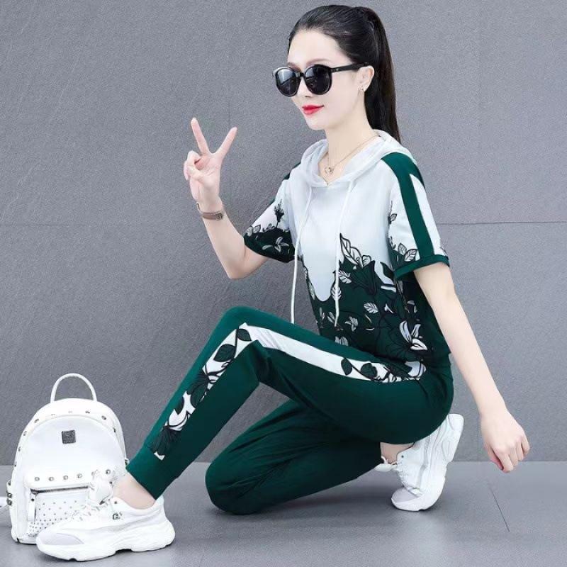 Casual Sports Suit for Women, Summer, Fashionable, Hooded, Slim, Short-sleeved, Loose Running Two-piece Set