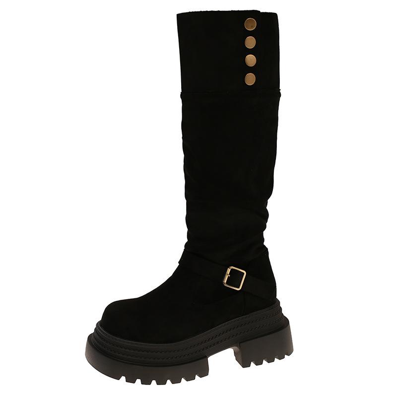 Retro British style thick-heeled thick-soled boots for women 2025 autumn versatile suede and thin two wear high-heeled knight boots