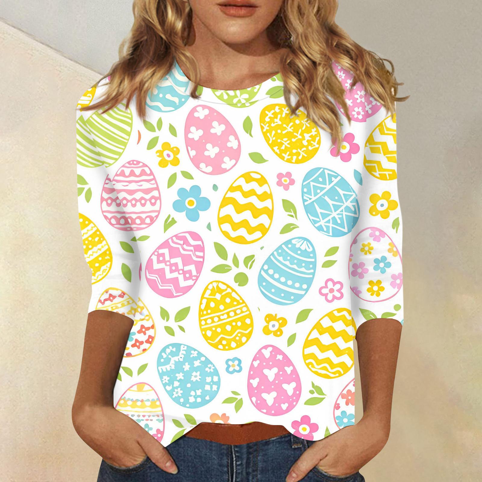 

Women s Fashionable Casual Three-quarter Sleeve Easter Print Round Neck Pullover Top XL жовтий