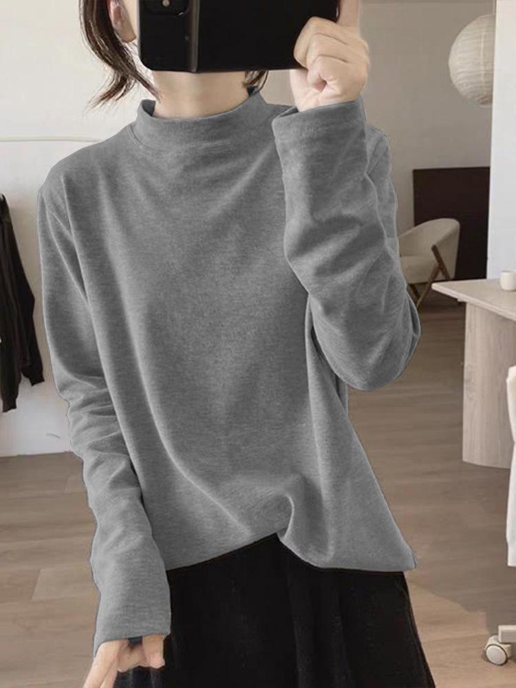 Women's Slimming High Neck Apricot Thermal Fleece Long Sleeve Casual Top - 2026 Autumn/Winter Collection