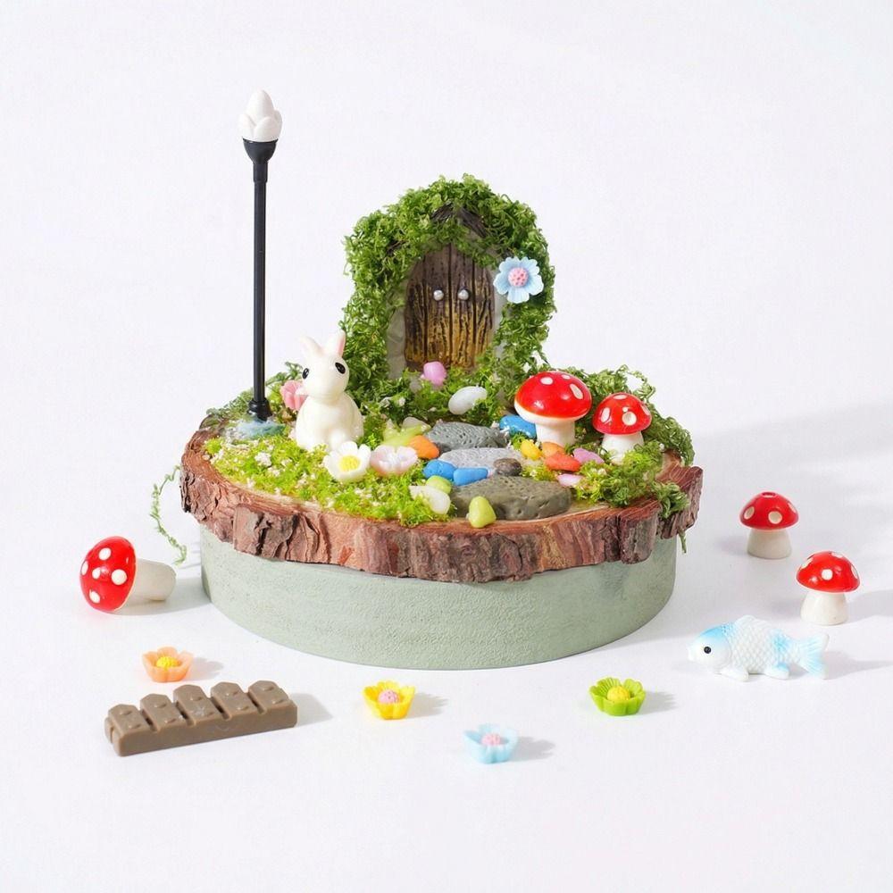 Multicolor Landscape DIY Material Kit Resin Wood Base DIY Miniature Landscape Ornaments Mini Size Cartoon Statue