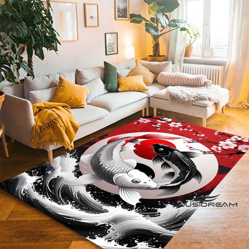 Tappeto Cartoon Lussuoso Pesce Koi Fortunato Yin Yang Carpa per Camera da Letto Soggiorno Divano Tappetino d'Ingresso Casa, Tappetino Pavimento Grande Antiscivolo per Bambini
