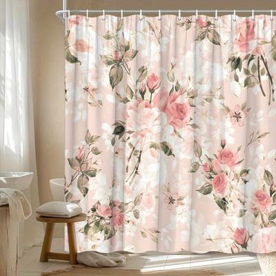 1pc Pink Rose Flower Pattern Shower Curtain, Polyester Fabric, Machine Washable, Suitable for Bathroom Decoration