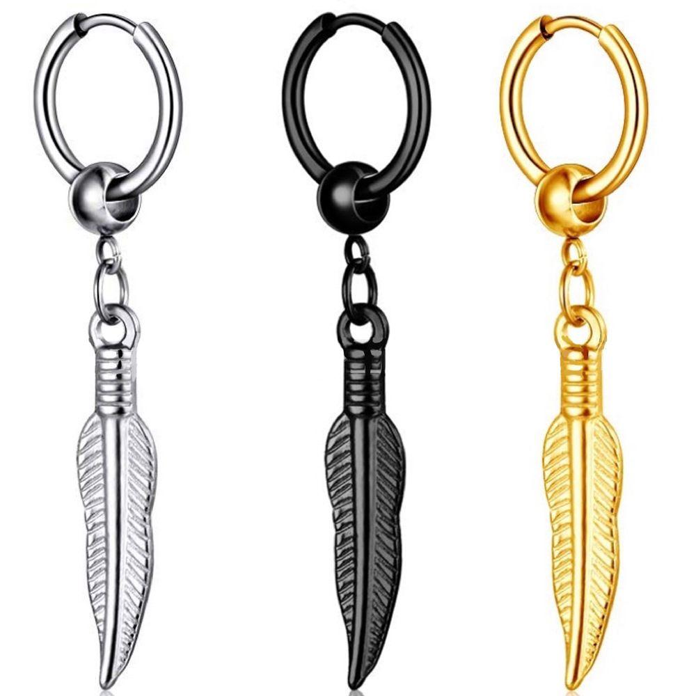 Стальные перья для девочек, модные украшения, серьги в корейском стиле, серьги-кольца в форме листьев, мужские серьги с пряжкой