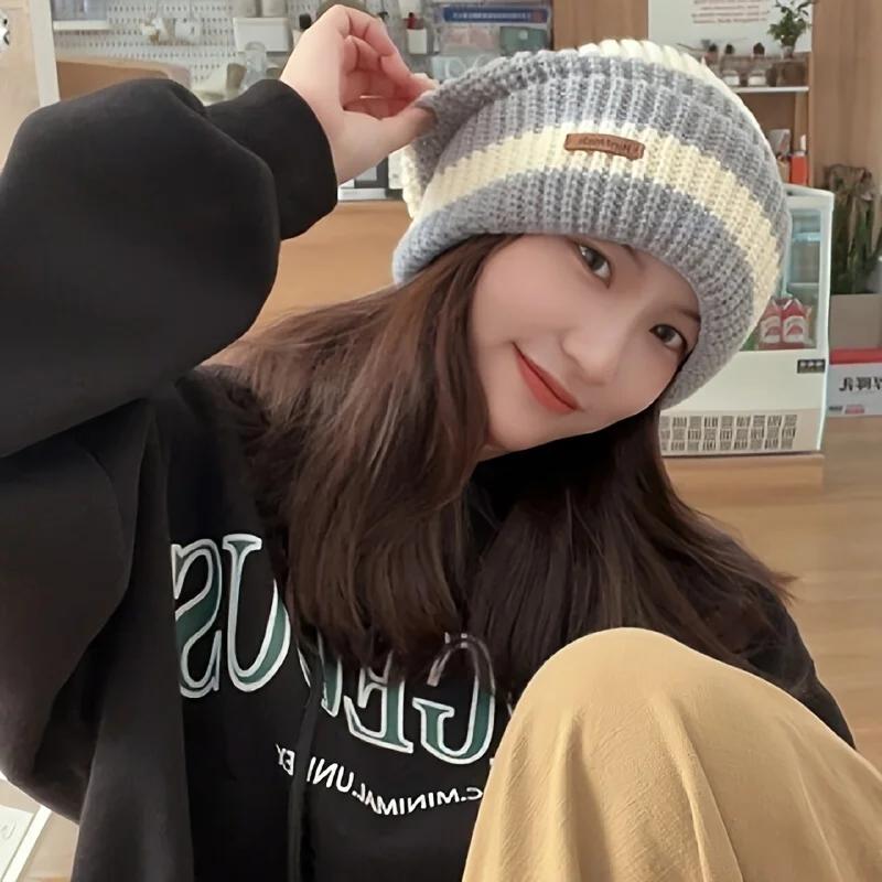 Koreanische Mode Gestreifte Strickmütze Trend Leichte Mütze für Damen Herren Warm Winddicht Herbst Winter Geeignet für Outdoor Radfahren