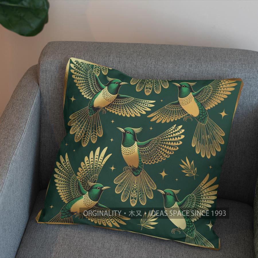 2D Elegant Green Birds Floral Pattern Pillow Cover Pattern Cushion Cover Suitable For Sofa Bedroom Car Pillow Cover