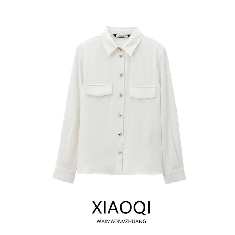 Fashion Style 2024 Fall and Winter New Women's Clothing Easiest for Match Padded Shoulder Decorative Crepe Long Sleeves Lapel Shirt 9258572