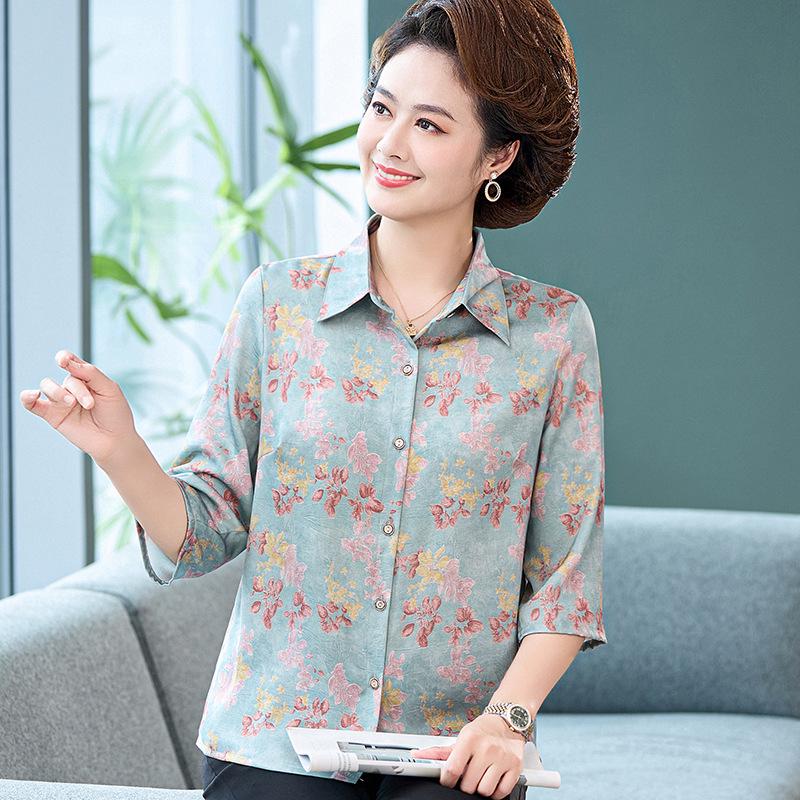 Mom's Elegant Seven-Sleeve Silk Floral Shirt for Women - Middle-Aged & Elderly