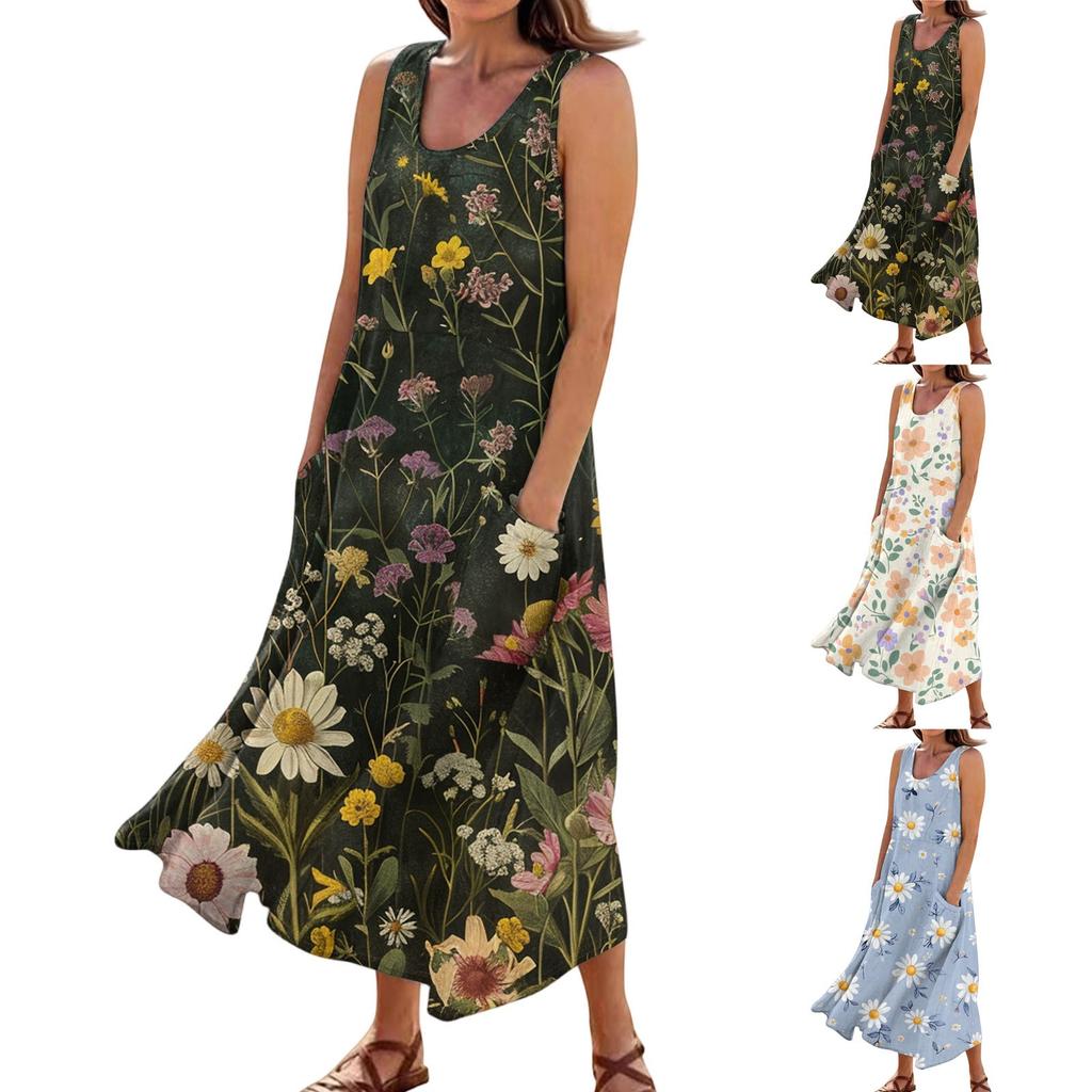 Women's Summer Casual Fashion Floral Print Sleeveless Pocket Dress