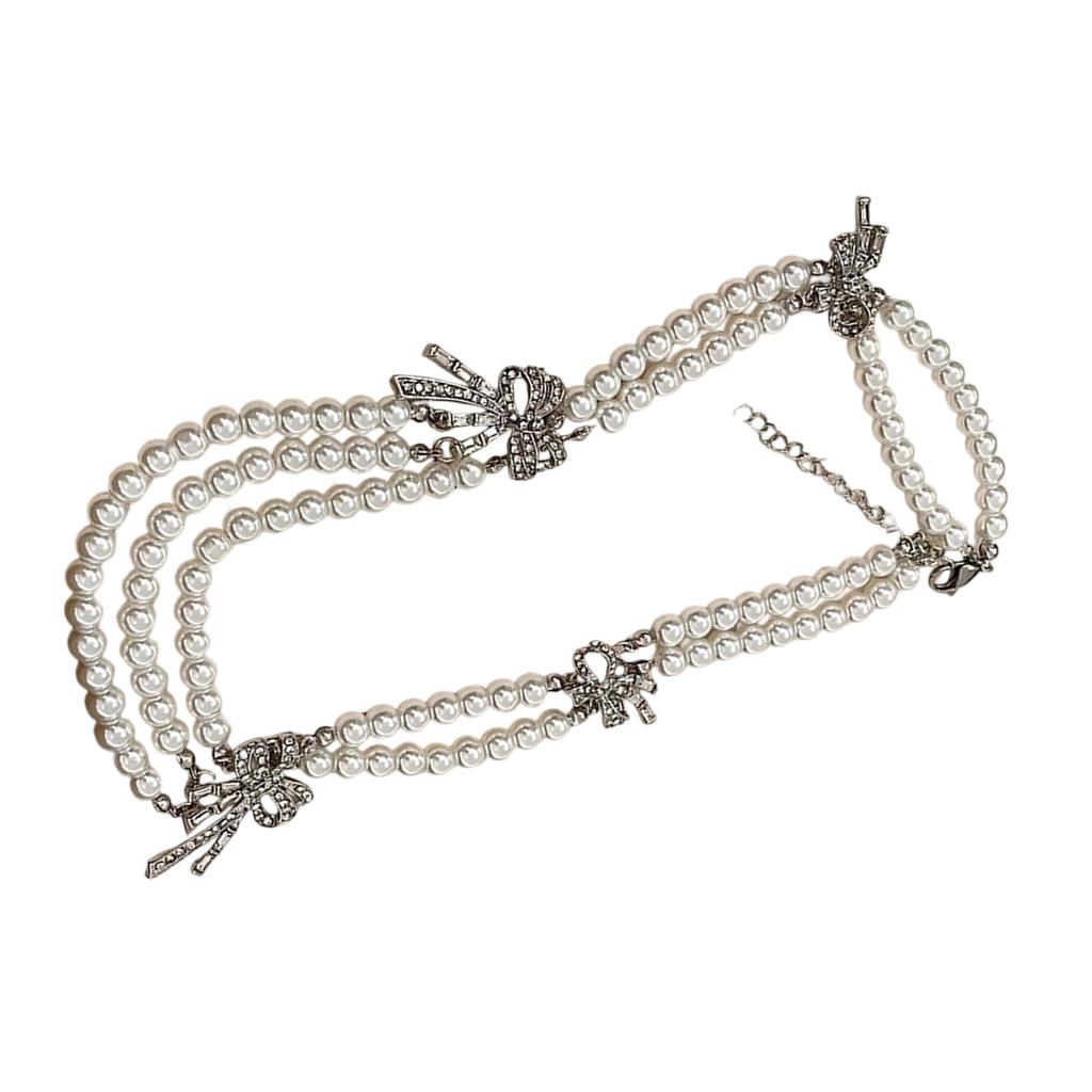 Elegant Layered Necklace with Faux Pearls and Bowknot Multi Layer Neckchain Fashionable Women Jewelry Wedding Accessory