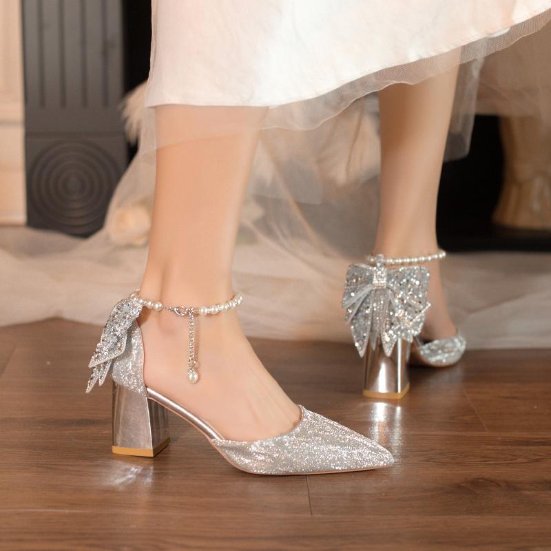 Fashion New Summer Luxury Women Pearl High Heels Chunky Heel Princess Bow High Heel Sandals Party Wedding Shoes Plus Size Zapatos Mujer