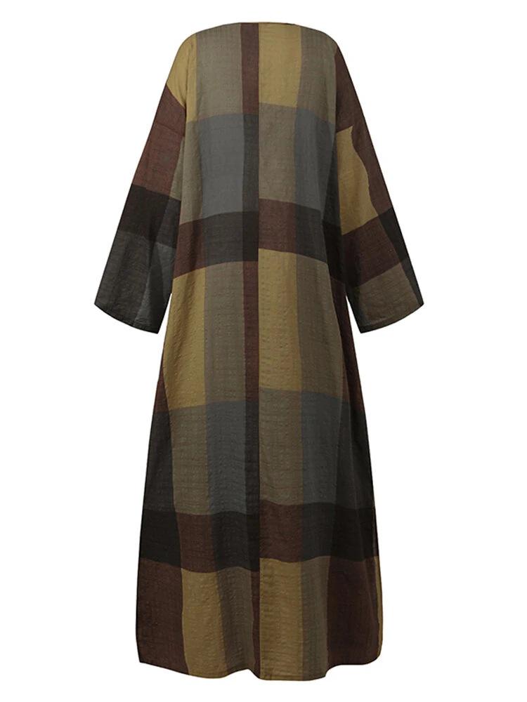 2025 Retro Ethnisches Baumwollleinen Langarmkleid mit Weitem Rock