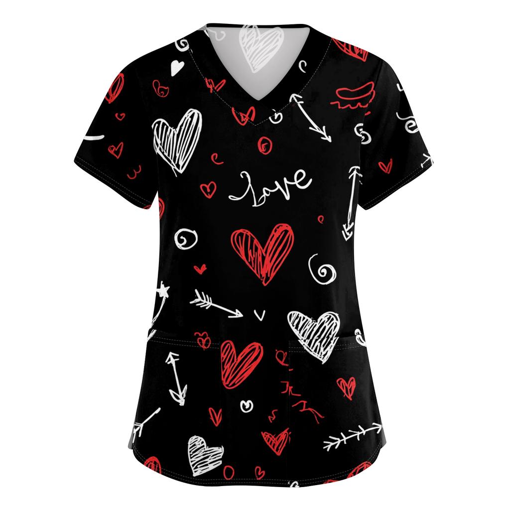 Women's V,neck Valentine's Day Printed Short,sleeved Pocket Side,slit Protective Suit Top