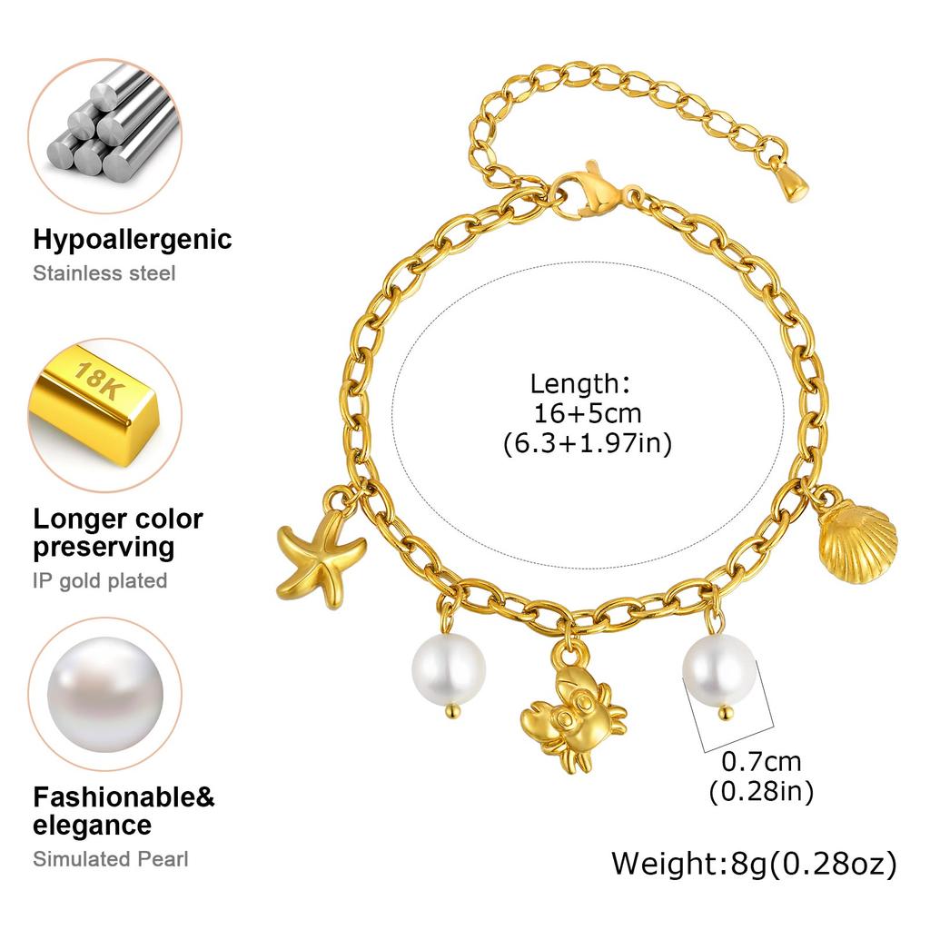 Multi-Pendant Shell Imitation Pearl Bracelet Stainless Steel Gold Color Dainty Exotic Charm Bracelet For Women Summer Jewelry