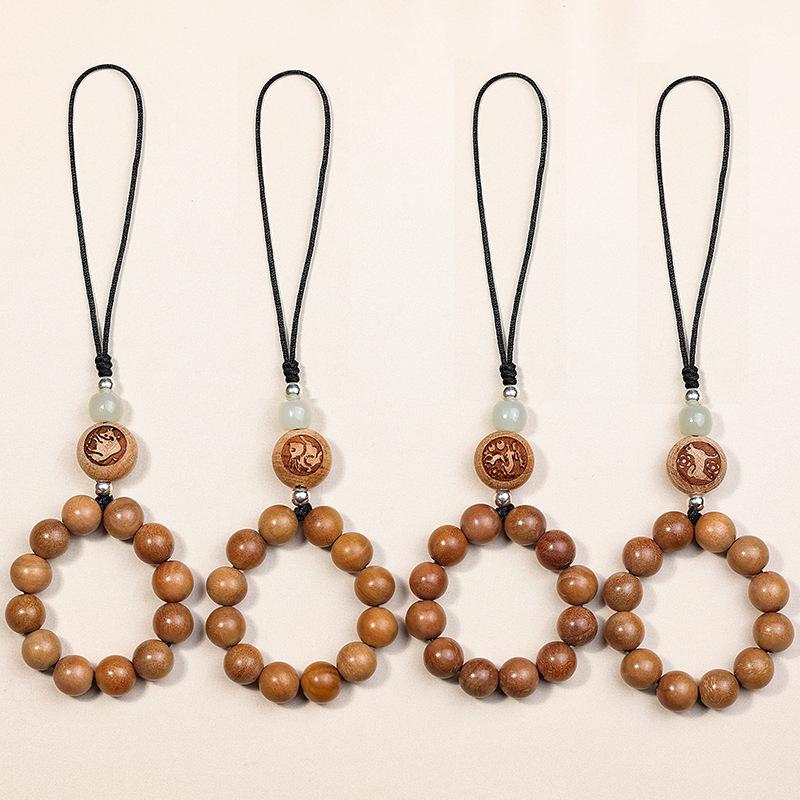 New model of 12 zodiac signs mobile phone chain for women, made of old peach wood, with old sandalwood mobile phone case lanyard and keychain