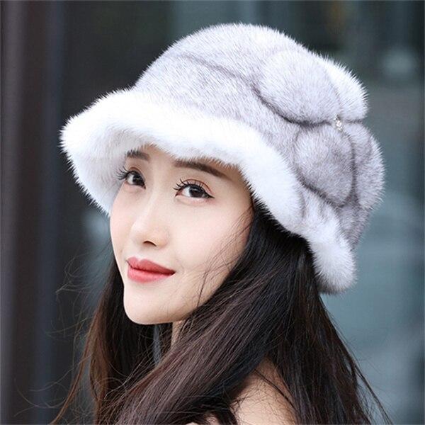 

Шапка-ведро из 100% норкового меха для девочек, мягкий утолщенный меховой берет, женская шапка, элегантная зимняя уличная ветрозащитная теплая шапка XL-Above 60cm белый/чёрный