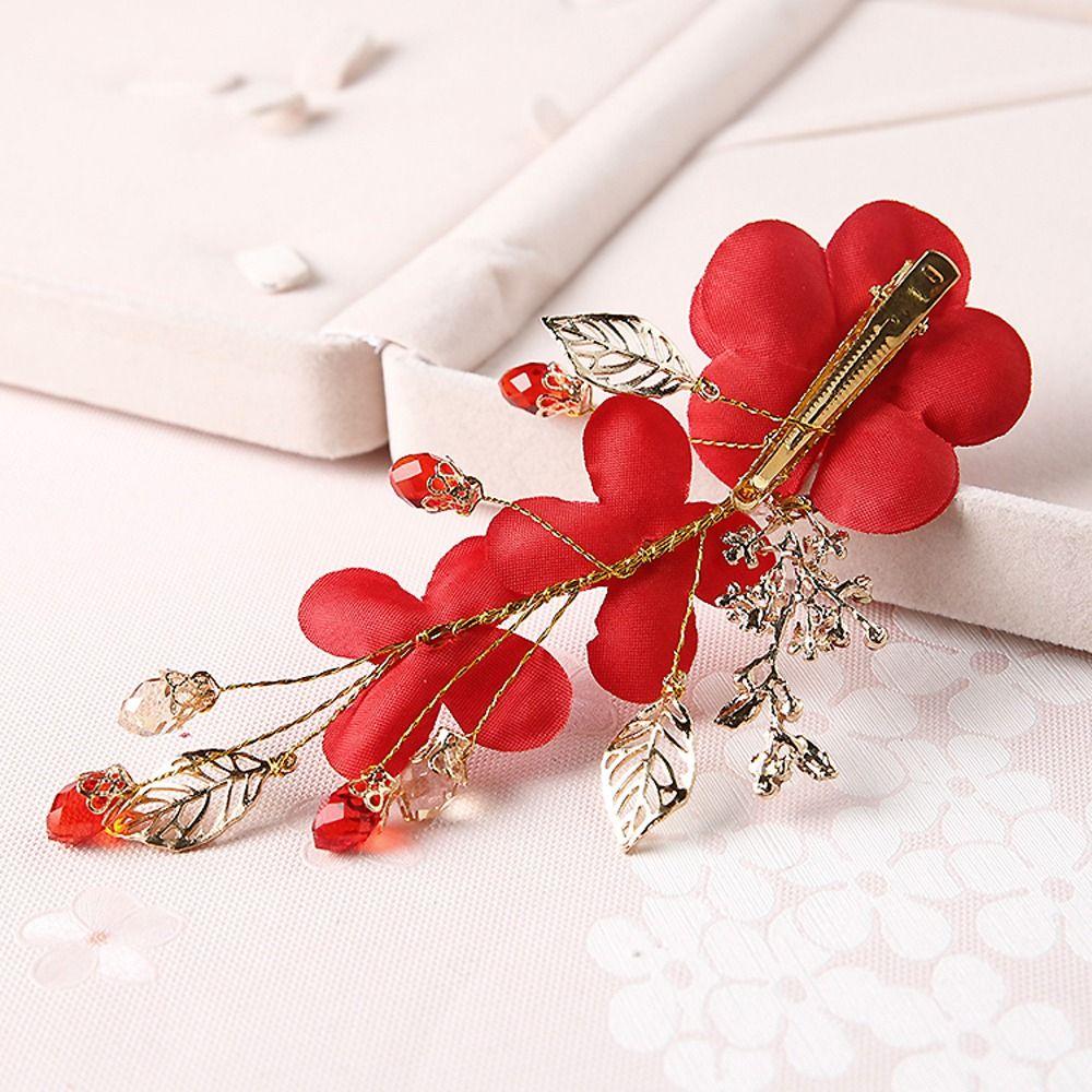 New Year Red Flower Leaf Festival Hairpins Chinese Hanfu Hair Clips Women Barrettes Duckbill Clips