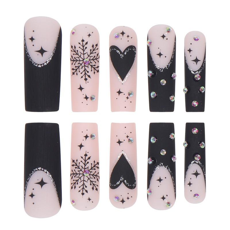 Matte Black French Christmas Press-On Nails With Heart Snowflake Glitter Design Sweet Style Wearable Nail Tips