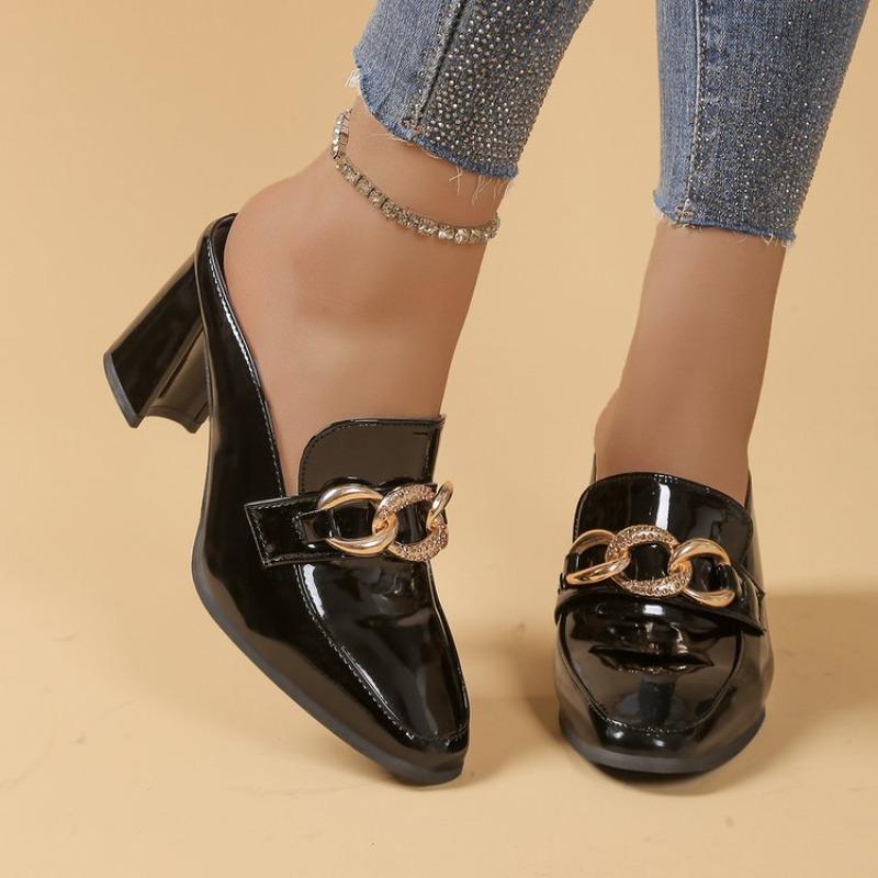 Metal Chain Block Heel Slippers Women's Pointed Toe Deep Mouth Anti-Slip Wear-Resistant High Heels