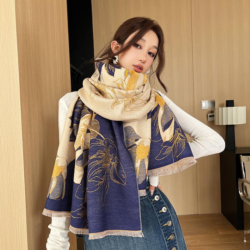 Exquisite New Magnolia Flower Fragrance Imitation Cashmere Scarf Winter High End Fashion Double-sided Scarf Thickened Cold Proof Shawl