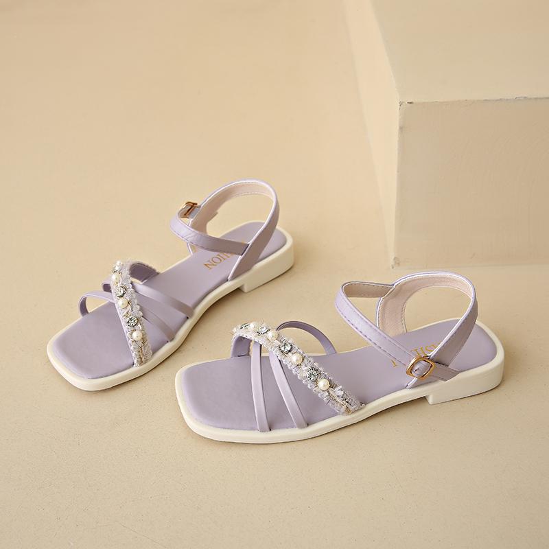 Aphixta New Pearl Dec Woman Sandals Shoes Square Toe Cross Strap Buckle Luxury Diamond Summer Shoes Sweet Low Heel Shoes Size 41