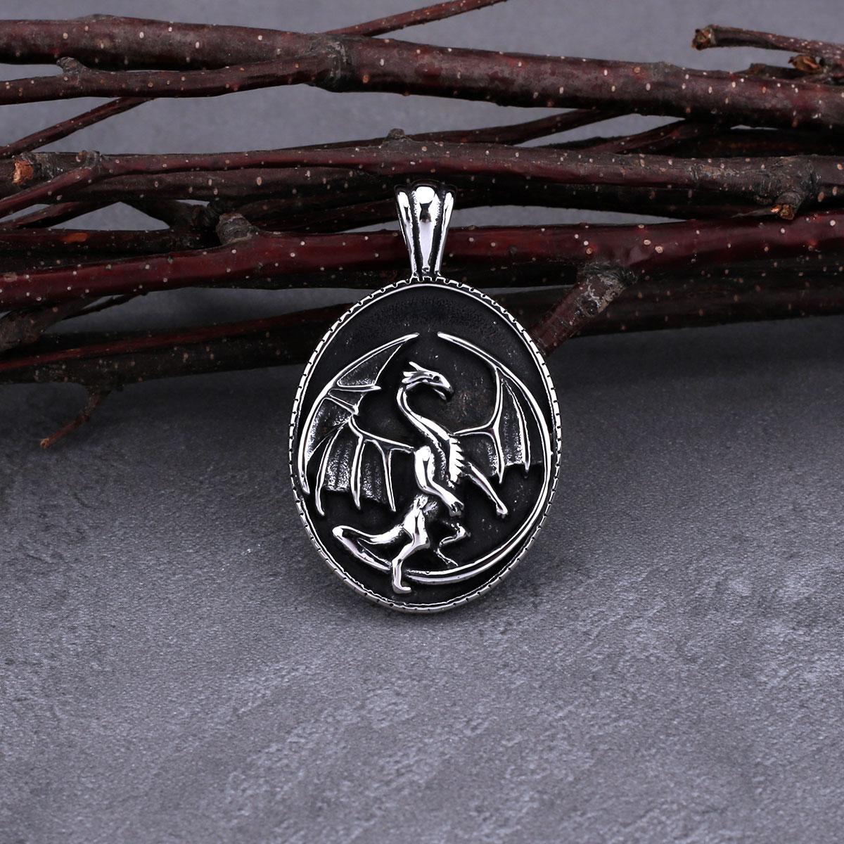 

Stainless Steel Men s Retro Dragon Graphic Round Tag Pendant Necklace Gothic Hip Hop Punk Jewelry Gift