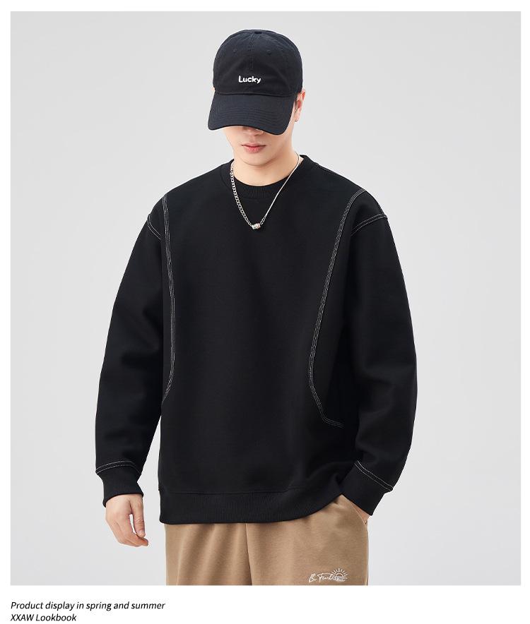 Herren Amerikanisches Retro Plüsch Nähte Rundhals Sweatshirt – Einfarbige, Vielseitige, Lockere Passform Freizeit Oberteil