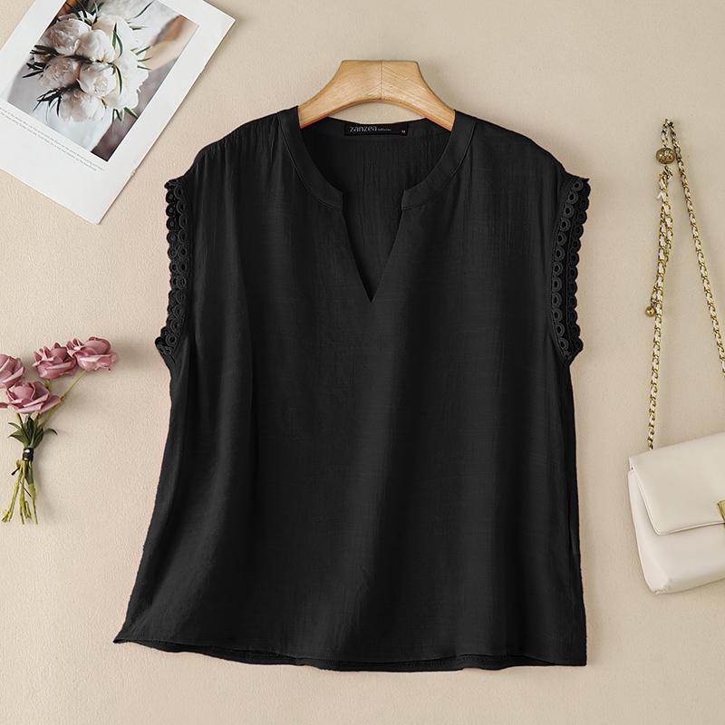 ZANZEA Blusa Casual da Donna con Scollo a V, Colore Unito, Vestibilità Larga, Inserti in Pizzo, Manica Corta