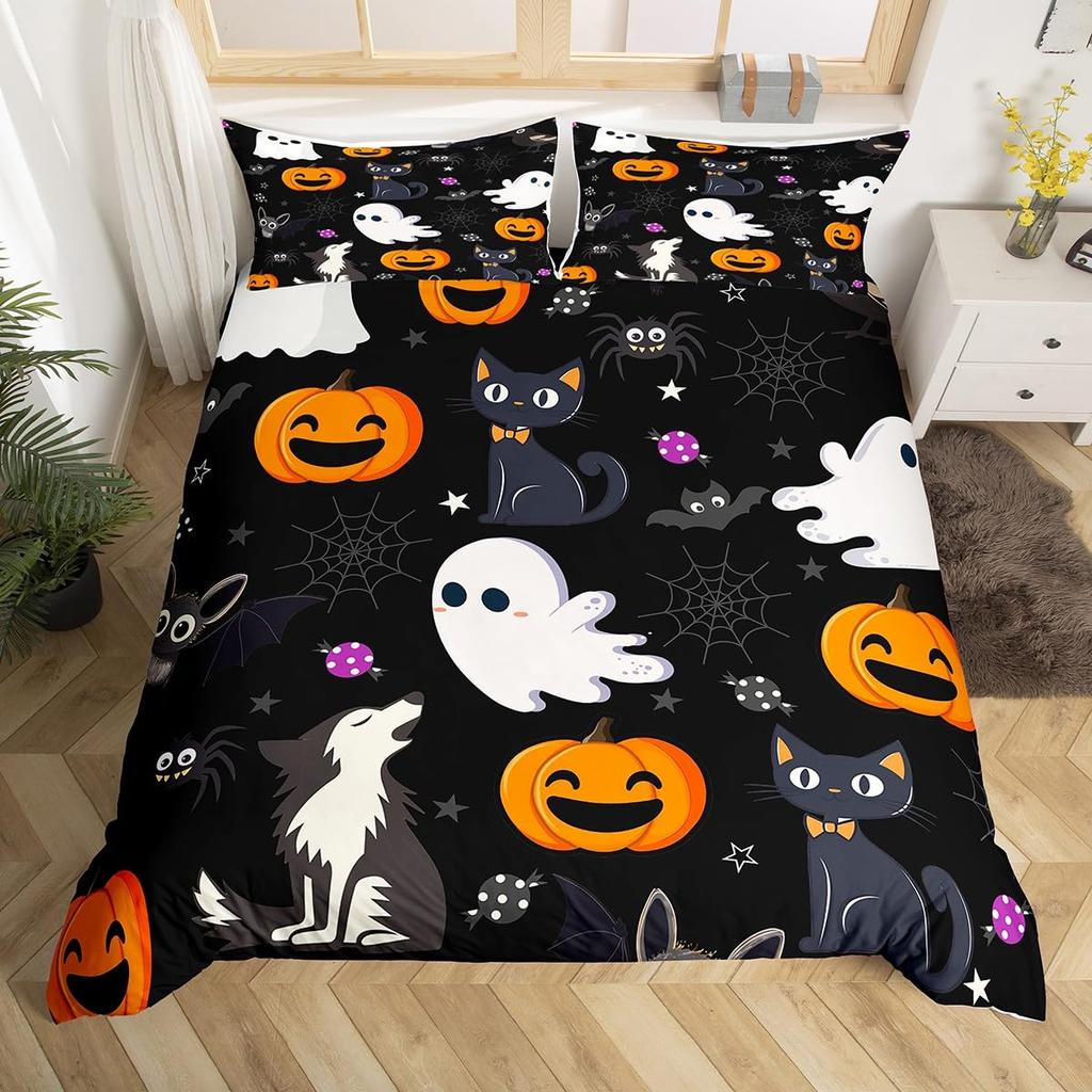 Comforter Halloween Bats Glitter Stars Galaxy Gothic Bedding Set Cute Cartoon Watercolor Bat Comforter Twin Queen Size