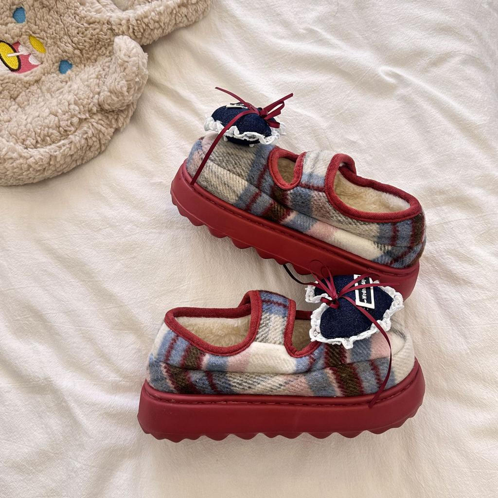 Korean version of cute Mickey plaid cotton shoes for women's 2025 new home warmth and outer wear thick-soled plush cotton shoes