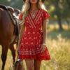 Women's Boho Floral Print V Neck Wrap Short Sleeve Ruffle Hem Mini Dress