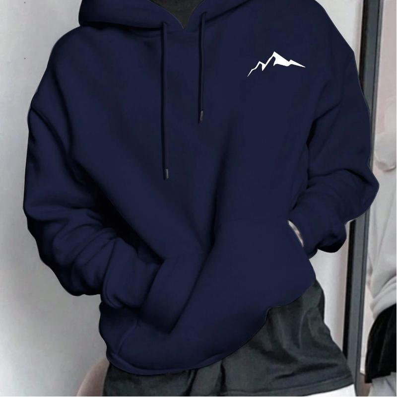 Men's Autumn and Winter Casual Fashion Loose Mountain Graphic Print Long Sleeved Hooded Sweatshirt Warm Pullover