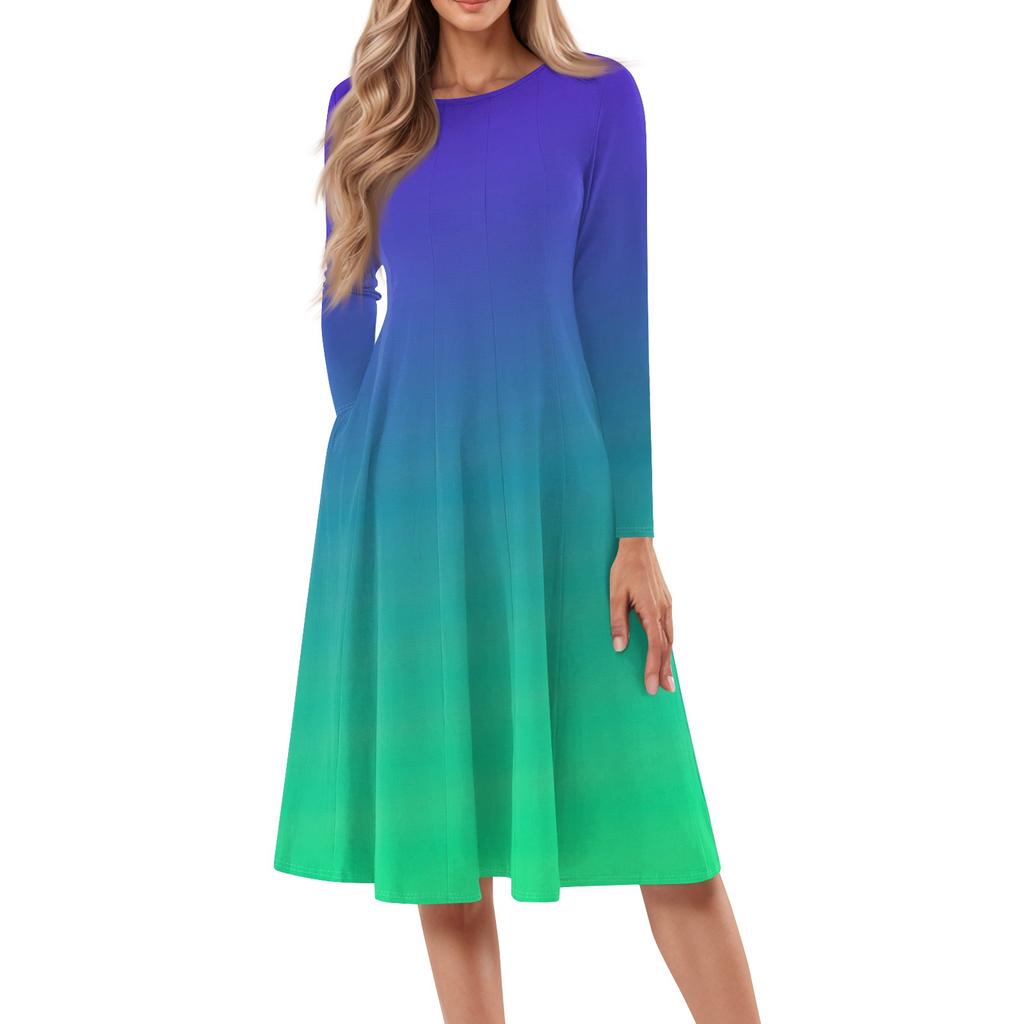 Women's Casual Fashion Round Neck Long Sleeve Print Midi Dress