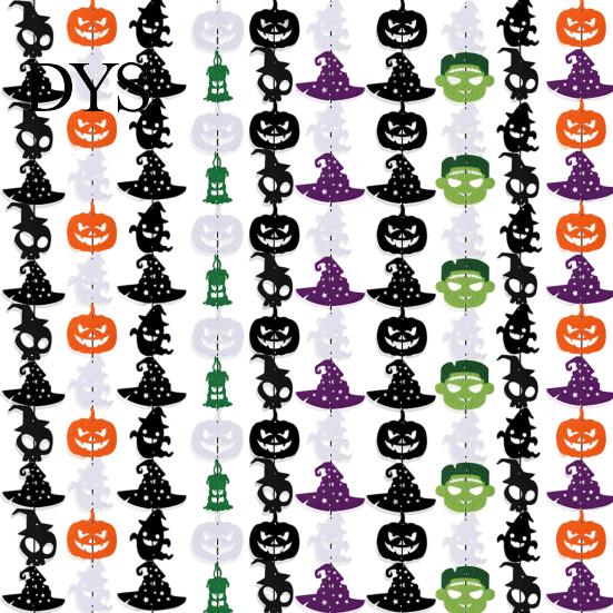 Halloween Theme Decor Party Felt Hanging Garland, Creepy Pumpkin Ghost Skull Witch Hat Indoor Outdoor Festive Banners Streamer, Horror Banner Backdrop