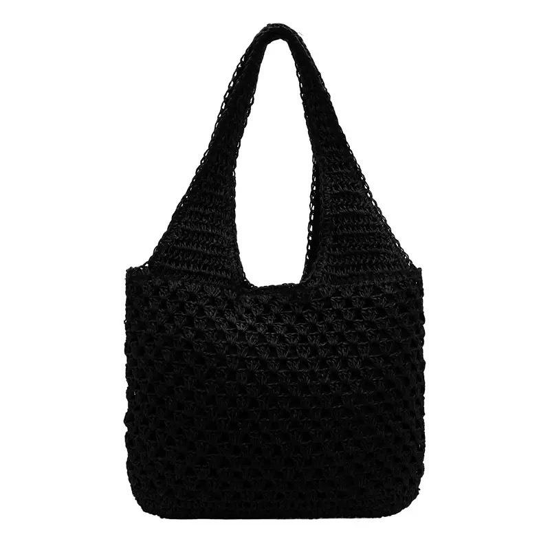 

Соломенная сумка на плечо с прорезями женская новая универсальная вязаная крючком сумка ручной работы большой вместимости сумка-тоут отпускная пляжная сумка Magnetic buckle чёрный