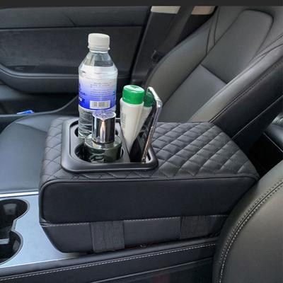 Car Armrest Box Pad PU Leather Center Console Cover Elbow Rest Cushion Mat with Cup Holder Auto Arm Rest Extension Pad