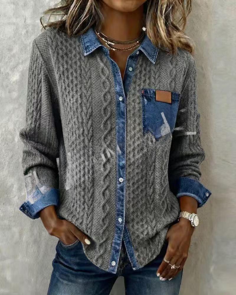 Women Denim Patchwork Knitted Sweater Turn-down Collar Button Top Cardigan Winter Long Sleeve Knitwear Shirt Outerwears Jackets