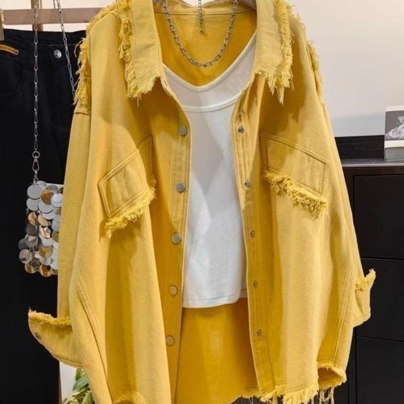 Blouse Jacket Shirt Women's Spring/Autumn Denim Frayed Korean Style Loose Fit Casual Niche Versatile Elegant Distinctive