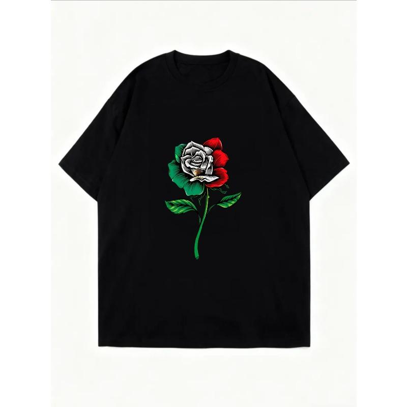 White Oversized T-Shirt With Rose Flower Print For Casual Wear