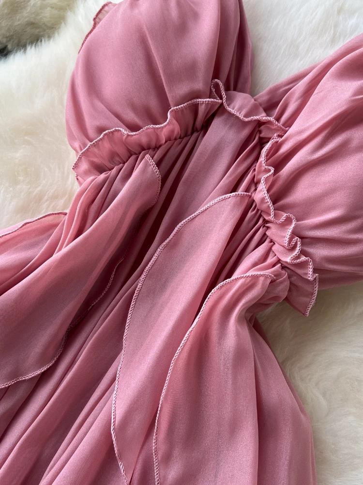 Summer Solid Sweet Vacation Long Dress Women Halter Lace Up Zipper Design Dress Female Sexy Backless Ruffles Beach Ball Gown New