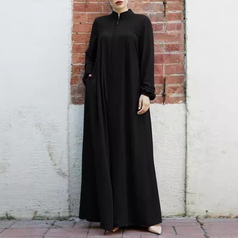 Women's Plus Size Stand-up Collar Zipper Cardigan Relaxed Solid Color Dress