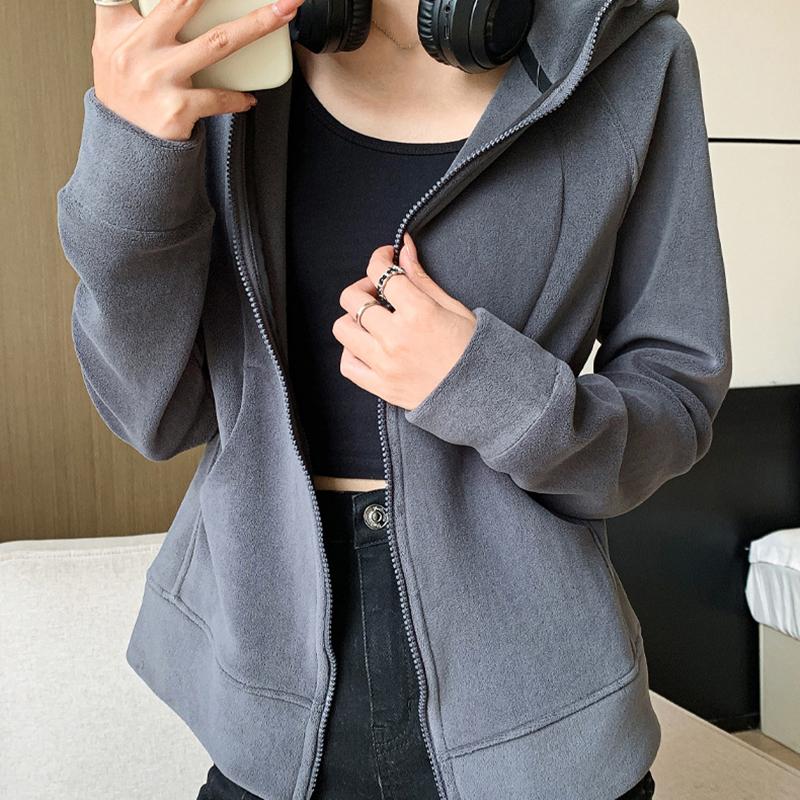 Dámská sportovní bunda na zip s kapucí Podzim Zima Fleecová podšívka Zesílené Mikiny Dámská Jednobarevná Ležérní Volná Mikina Kardigan