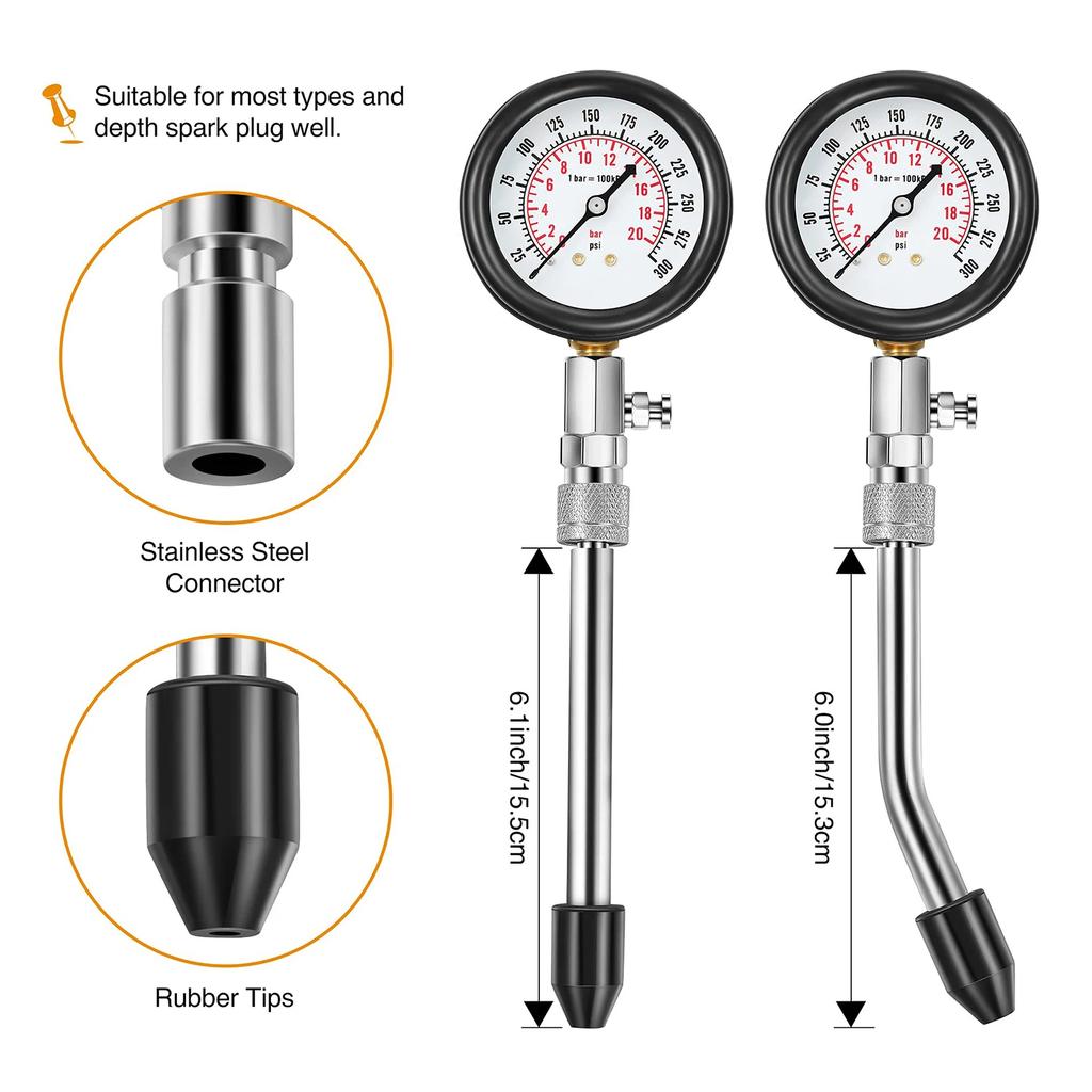 Compression Tester Kit Engine Cylinder Compression Tester 0-300 PSI Gauge M10 M12 M14 M18 Adapters Tool Set Motorcycle ATV Truck