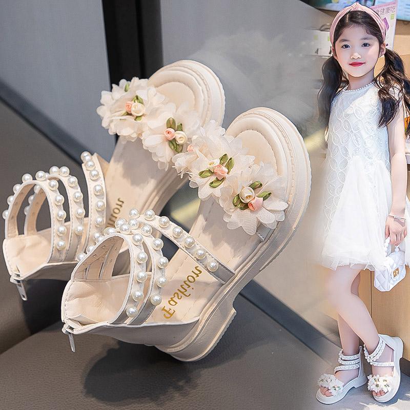 Girls Princess Shoes with Sweet Flowers Pearls Kids Roman Sandals Back Zipper 2025 Summer New Children Beach Shoes Soft Sole