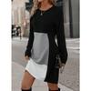 Women's Colorblock Round Neck Dress, Casual Long Sleeve Crew Neck Dress for Fall & Winter, Women's Clothing for Daily Wear
