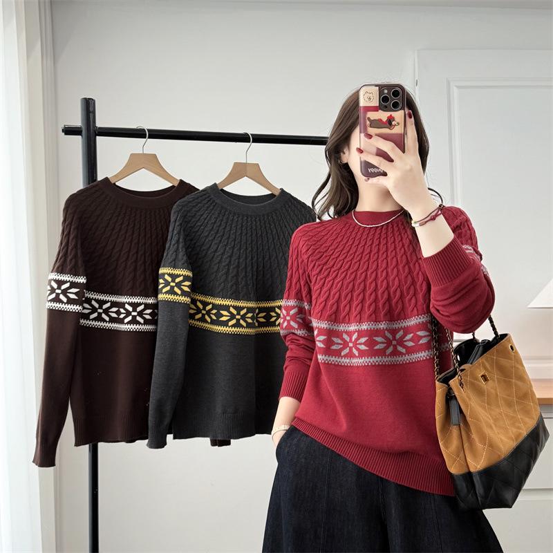 2026 Spring Plus Size Women's Jacquard Cable Knit Sweater, Round Neck, Long Sleeve, Year of the Rat New Year Outfit.