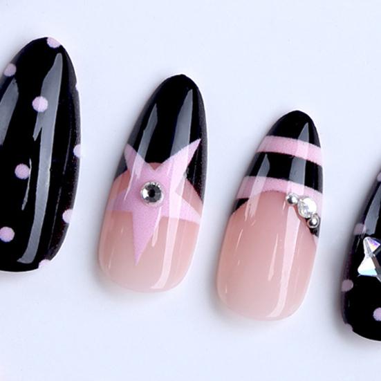 1 Set Almond Press on Nails Star Striped Dot Bow Rhinestone French Tip Stick-on Fake Nails Salon Quality 3D Charm Women Glue on False Nails