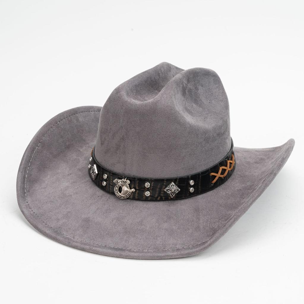 Suede Western Cowboy Hat Vintage Metal Jazz Hat Men's and Women's Ethnic Style Autumn and Winter Big-brimmed Top Hat