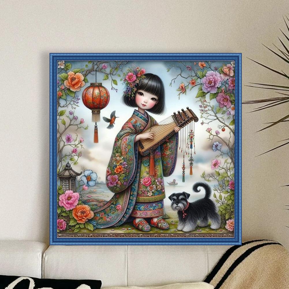 Girl Printed Cross Stitch Kit 40x40cm DIY 11CT Embroidery Craft Set Home Decor